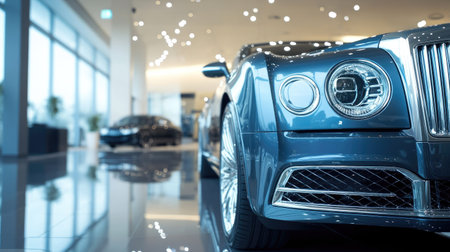 Luxurious car close-up showcasing its front design, parked in a bright and modern showroomの素材