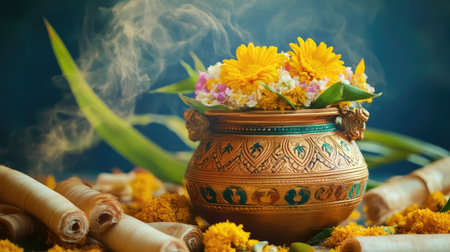 Vibrant Pongal pot with traditional decorations amidst sugarcane and flowers, symbolizing South Indian heritageの素材