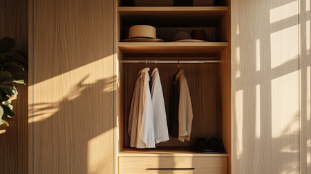 A minimalist wooden closet bathed in soft sunlight creates a warm and inviting atmosphere. Clothes hang neatly, casting gentle shadows, enhancing home decor.の素材