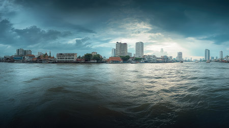 Wide-angle view of the Bangkok skyline, featuring its dynamic architecture and bustling city lifeの素材