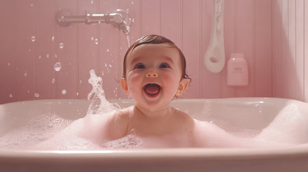 Baby in a bubble bath, giggling and splashing in a serene bathroom with pastel tonesの素材