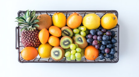 Assorted fresh fruits neatly arranged in a shopping basket, isolated on a simple white backgroundの素材