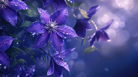 Close-up of purple clematis petals with water droplets against an artistic blue sceneの素材