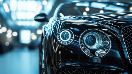 New vehicle front grille and headlight detail, framed in the context of a luxurious car showroomの素材