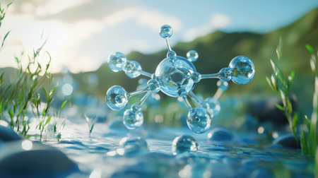 Water molecule with futuristic design, set in a natural environment for global conservation awarenessの素材
