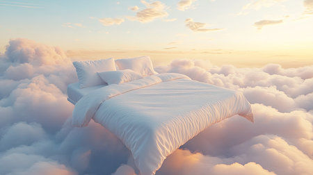 Dreamy bed setup with white sheets, floating above a sea of soft clouds in the skyの素材