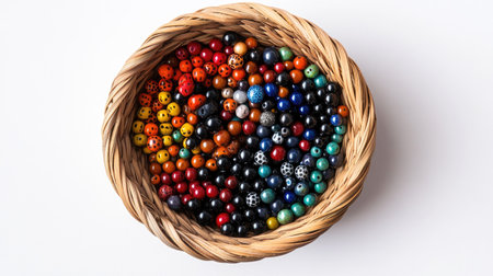 A detailed photo of assorted colorful beads in a woven basket, organized beautifully and placed against a plain white backgroundの素材