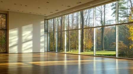 Bright and airy modern interior showcasing large windows that connect indoor and outdoor spaces, illuminated by natural light and framed by trees.の素材