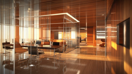 Stylish open office layout with glass meeting rooms and wood-paneled walls, 3D renderingの素材