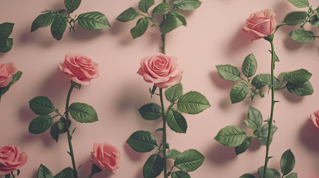 Soft pink roses with fresh green leaves arranged beautifully on a pastel backdrop, perfect for nature or romantic-themed designsの素材