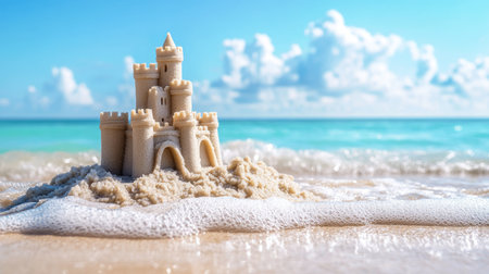 Dreamy summer scene with a sandcastle on the beach, soft waves and blue sky symbolizing holidays and relaxationの素材