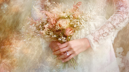 The bride hands holding a romantic wedding bouquet, framed by delicate lace and soft tones, with ample open spaceの素材