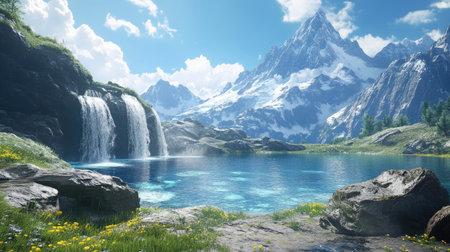 High-resolution lake view with cascading waterfalls and snow-capped mountain peaksの素材