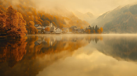 A tranquil autumn view of Hallstatt lake in the Salzkammergut region, with morning mist and golden reflections of the villageの素材