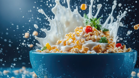 Exciting splash of cereal in a blue bowl with milk droplets and fresh herbs, creating a dynamic and colorful compositionの素材