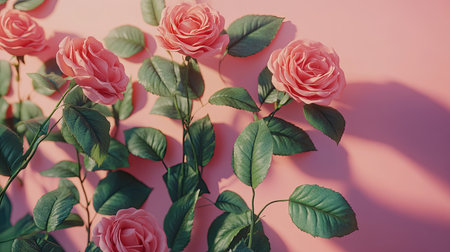 Fresh pink roses in a delicate arrangement with vibrant green leaves on a pastel gradient background, soft and soothing designの素材