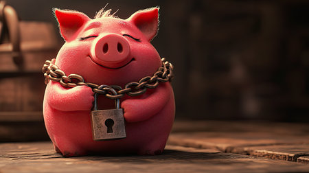 A piggy bank wrapped in a chain with a padlock, representing financial protection and savingsの素材