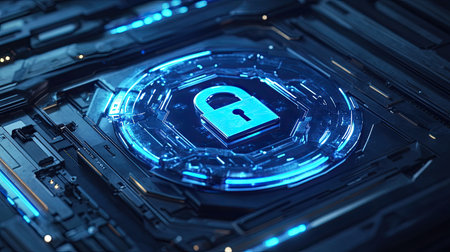 Cybersecurity concept with a holographic padlock on a futuristic screen, glowing brightly in blue huesの素材