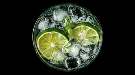 A glass of mojito with lime slices and ice cubes, shot from above, leaving plenty of room for text around the drink.の素材