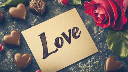 A beautiful arrangement of chocolates and a vibrant red rose accompanied by a heartfelt note that expresses love, perfect for romantic occasions and special celebrations.の素材