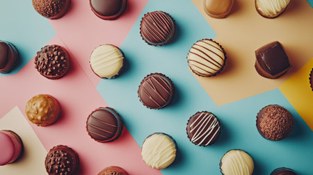 A vibrant collection of gourmet chocolate truffles set against a playful background, showcasing an array of delectable sweets perfect for any dessert lover's delight.の素材