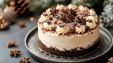 Luxurious cream and chocolate cake topped with star anise and pine cones, styled for a holiday celebration. Copy space included.の素材