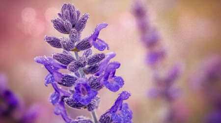 A stunning close-up of a lavender flower displaying dew droplets, capturing its vibrant purple color against a soft background, showcasing nature's elegance.の素材