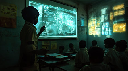 Engaging classroom scene where children focus on an interactive world map projection. The atmosphere emphasizes learning and exploration in a modern educational setting.の素材