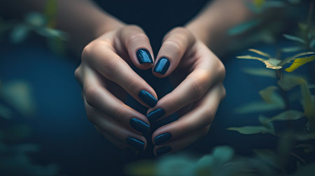 This captivating close-up features elegantly manicured hands adorned with dark nail polish, surrounded by lush greenery, creating a serene and artistic vibe.の素材