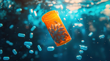 A vibrant orange prescription bottle filled with various pills floats serenely in clear water. The scene captures a unique blend of health and tranquility.の素材