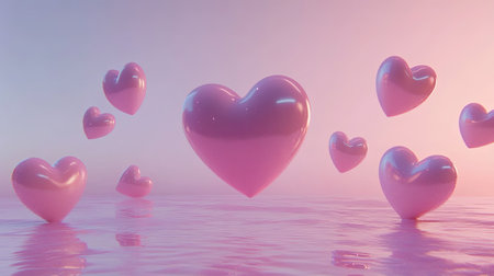 Abstract scene featuring floating pink hearts on calm water. The soft pastel shades create a dreamy and romantic atmosphere perfect for expressing love and affection.の素材