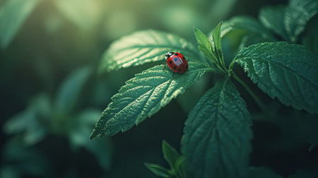 A striking ladybug rests on a green leaf, glistening in sunlight. The image captures intricate details of nature, showcasing vibrant colors and serenity in the environment.の素材