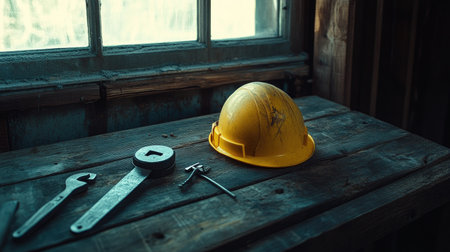 A bright yellow hard hat rests on a rustic wooden table beside various tools, illuminated by natural light coming through a nearby window.の素材
