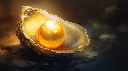 A stunning golden pearl rests in an open oyster shell, radiating warmth and elegance. This captivating image captures the beauty and rarity of nature's treasures.の素材