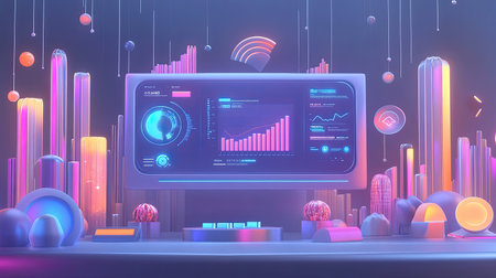 Explore a vibrant and futuristic data visualization scene featuring neon colors, dynamic graphs, and abstract shapes, perfect for technology themes.の素材