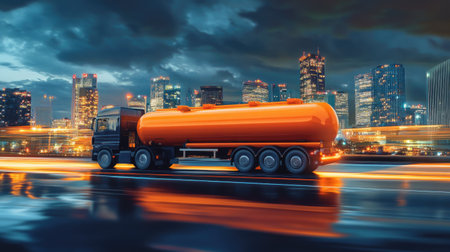 A bright orange tanker truck drives through a modern city at night, showcasing urban scenery with vibrant city lights and dynamic motion effects.の素材