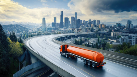 An orange tanker truck travels along a highway with a dynamic city skyline in the background, showcasing urban infrastructure and transportation.の素材