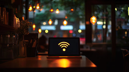 A laptop displaying a glowing Wi-Fi symbol rests on a cozy cafe table, surrounded by soft lighting and urban decor, capturing a warm and inviting atmosphere.の素材