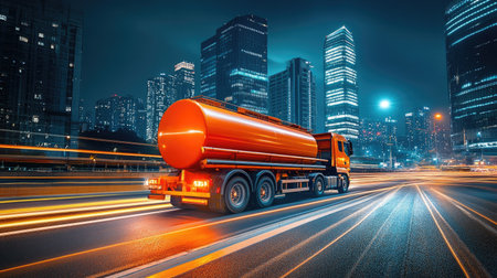 An orange fuel tanker truck navigates a busy urban highway at night, surrounded by illuminated skyscrapers. The image captures motion and energy in a modern cityscape.の素材
