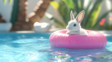A playful rabbit enjoys a sunny day floating on a pink inflatable in a sparkling pool. This charming scene captures the essence of summer fun and relaxation.の素材
