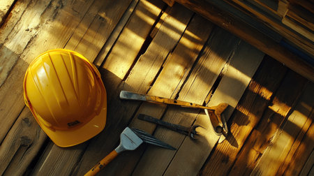 A collection of construction tools and a yellow safety helmet arranged on wooden flooring, illustrating a workspace focused on safety and craftsmanship in building projects.の素材