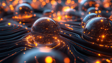 This captivating image showcases a close-up view of glowing orbs resting on a dark fluid surface. The luminous spheres create an enchanting atmosphere.の素材