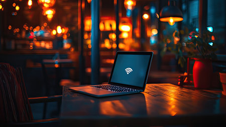 A warm and inviting cafe scene featuring a laptop displaying a Wi-Fi symbol, set against a backdrop of soft lighting and a cozy atmosphere, perfect for remote work.の素材