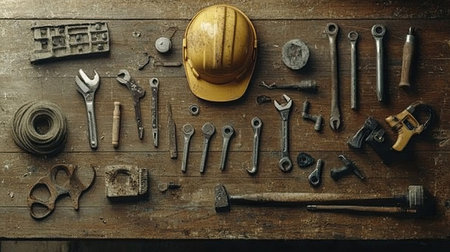 A well-arranged layout of various construction tools and a safety helmet on a rustic wooden surface, perfect for illustrating the essence of craftsmanship and dedication.の素材