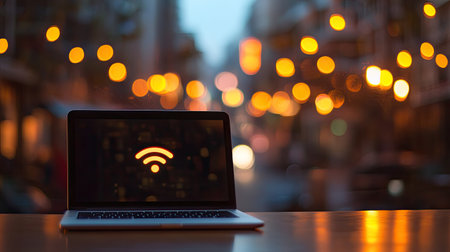 A laptop showing a Wi-Fi icon illuminated against a backdrop of blurred city lights, creating a warm and inviting atmosphere ideal for working or relaxation.の素材