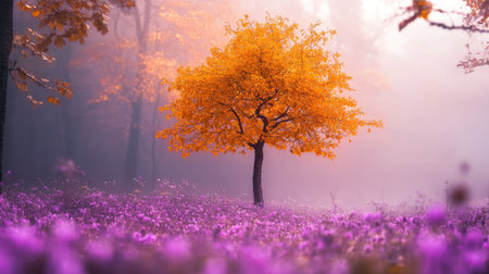 A stunning scene featuring a solitary orange tree surrounded by vibrant purple flowers in a misty forest. This tranquil landscape captures the essence of autumn beauty.の素材