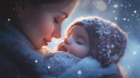 A beautiful moment capturing the tender connection between a mother and her baby in a snowy winter wonderland. The scene evokes warmth and love.の素材