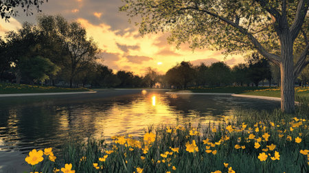 Experience a tranquil scene of a serene sunset over a calm lake, surrounded by lush greenery and blooming flowers, inviting peace and beauty.の素材