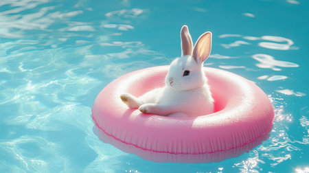 A charming white rabbit enjoys a peaceful moment lounging on a pink float in a sparkling blue pool. This delightful scene captures the essence of summer fun and relaxation.の素材