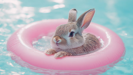 A cute bunny floats in a pink lifebuoy on shimmering pool water, radiating joy. This image captures the essence of playfulness and summer fun, perfect for pet lovers.の素材